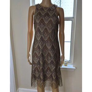 Dressbarn Shift Dress Size L/10 Shiny Brown Dark Lined Fringe Hem Sleeveless